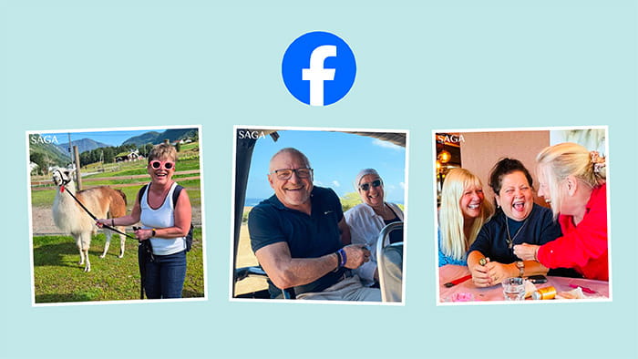 Three snapshots of Saga guests - a woman with a llama, a couple in Aruba and two female guests crafting with Julie Peasgood